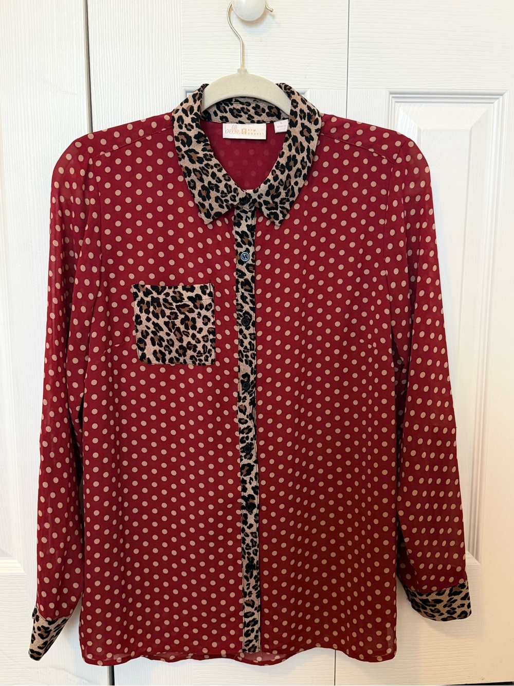 Belle by Kim Gravel Small Red Polka Dot Leopard Print Button Blouse